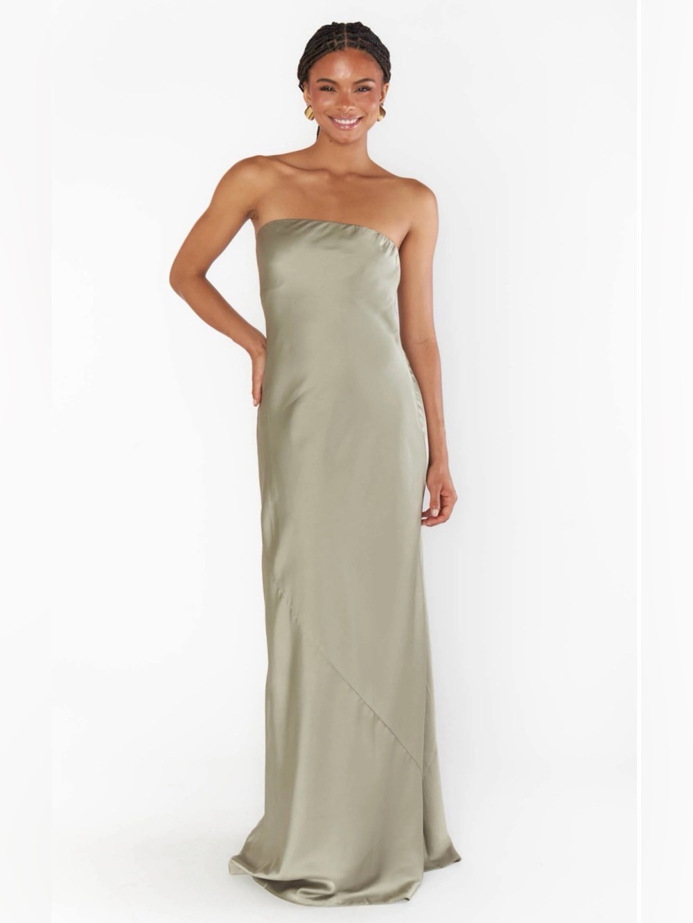 SHOW ME TOUR MUMU Strapless Olive Satin Maxi Dress